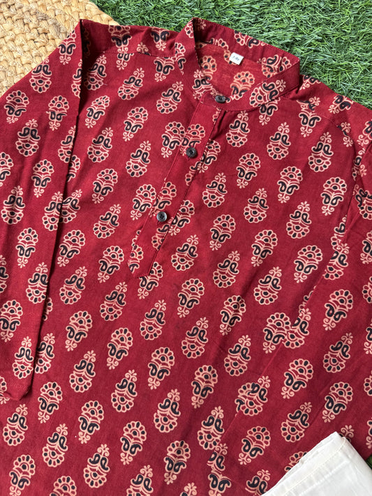 Ajrak Print Kurta And Doti Set -Maroon