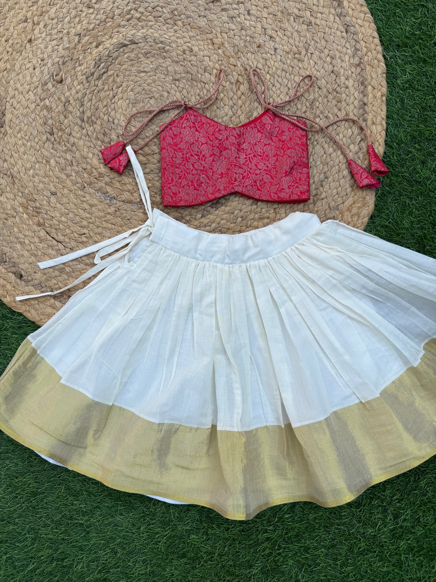 Pinkish -Red Brocade Top And Skirt Set