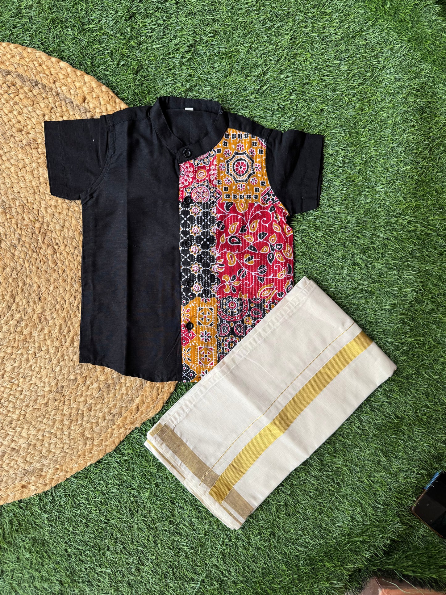 Black Printed Shirt and Dhoti