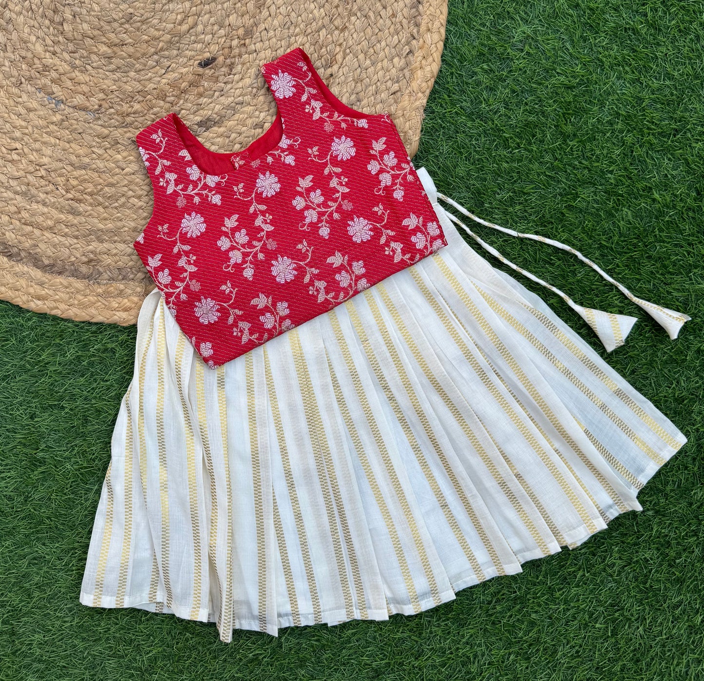 Bright - Red Brocade Top And Skirt Set