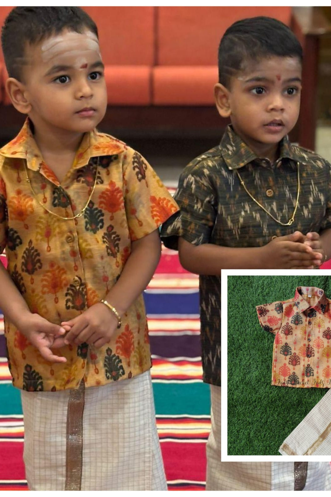 Tissue Shirt and Micro check Velcro Dhoti - KBBSB001