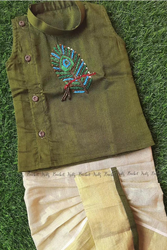 Peacock Feather Kurta and Tissue Dhothi Pants - KBBHK001