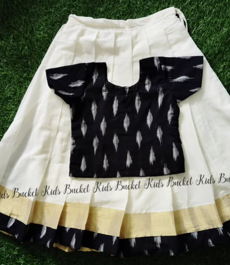 Ikat Top & off-white kasavu skirt - KBGIP006