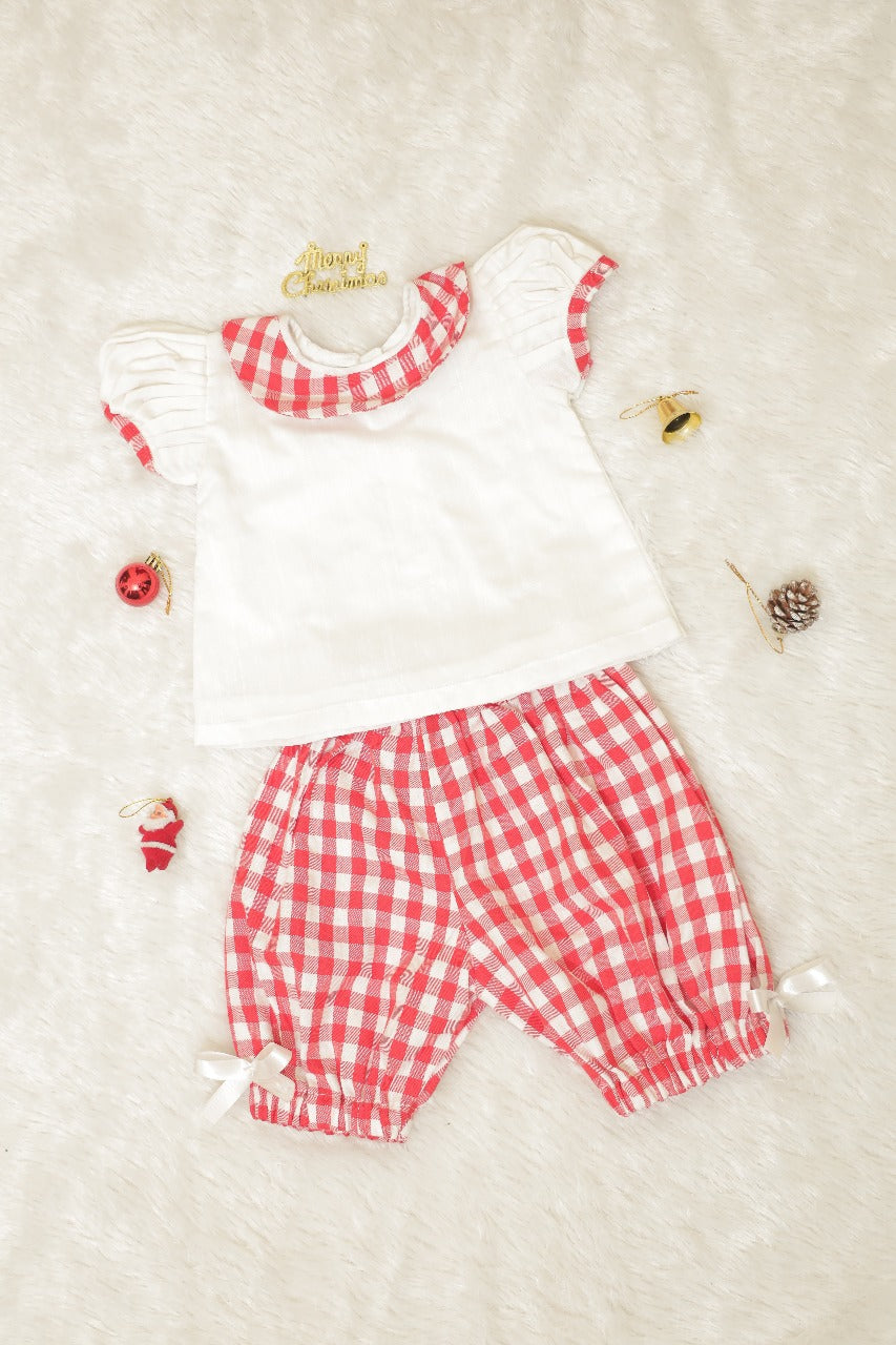 Off White Top &Cherry Check Knee Length Pant - KBGXT008