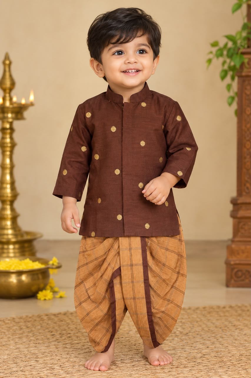 Brown Coin design Kurtha and Cotton dhoti pants -RD