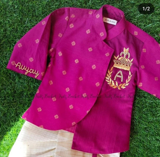 Letter work customized kurta and Golden checked dhoti pants with piping  - KBBHC003