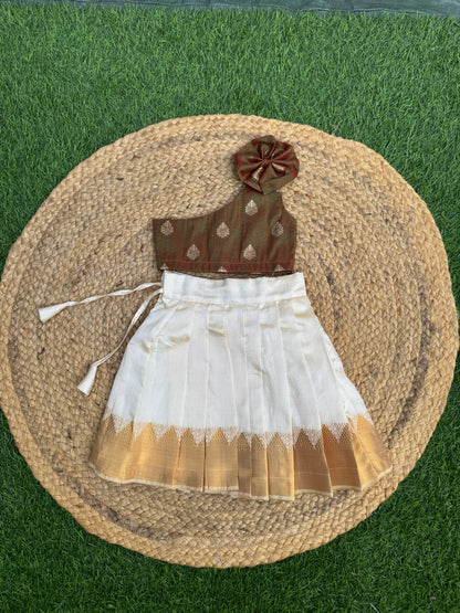 Green Silk Brocade Top And Skirt Set