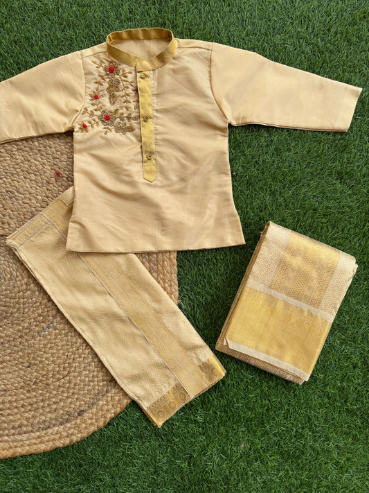 Golden- Beige Silk Handwork Kurta And Dhoti Set