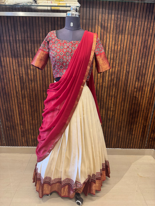 Classic Cream And Maroon Tissue Lehanga Set