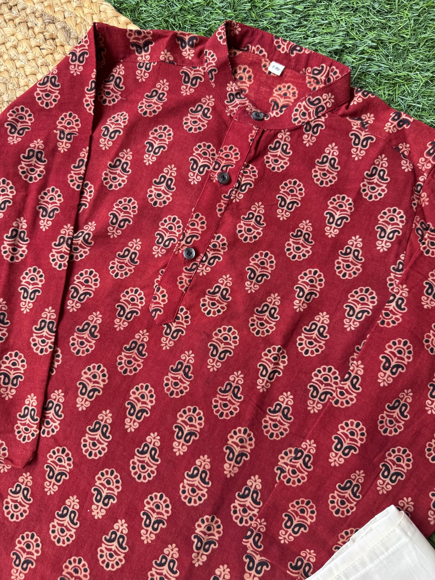 Ajrak Print Kurta And Doti Set -Maroon