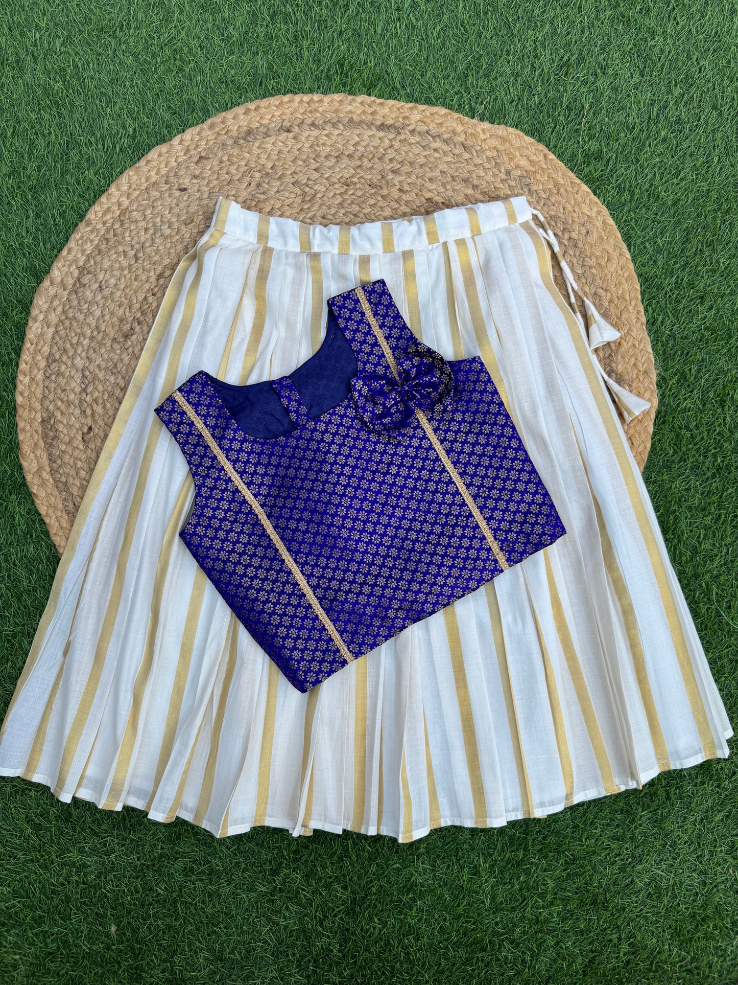Royal Blue Brocade Top And Skirt Set
