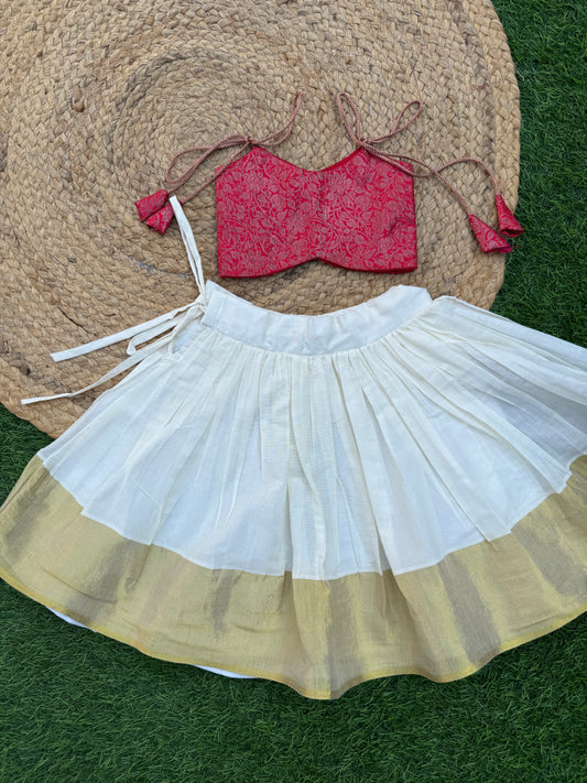 Pinkish -Red Brocade Top And Skirt Set