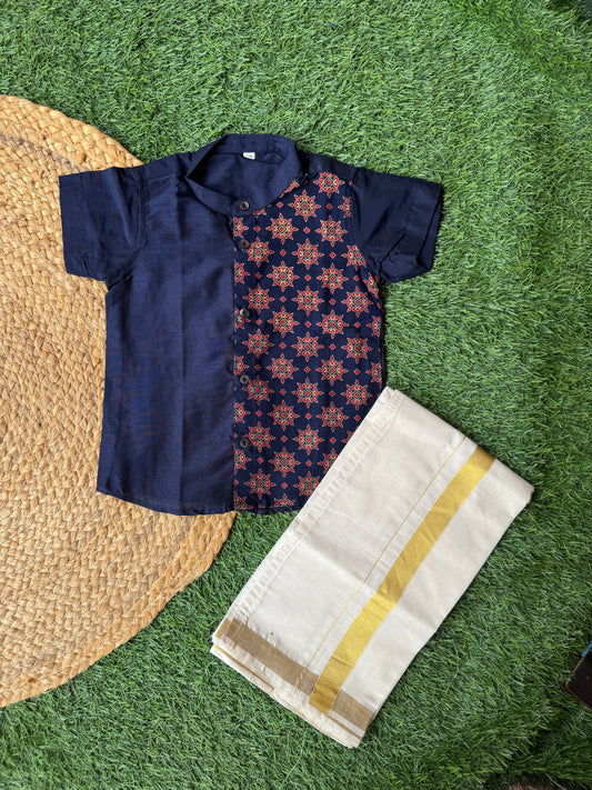 Ajrak Print Kurta And Doti Set -Navy Blue