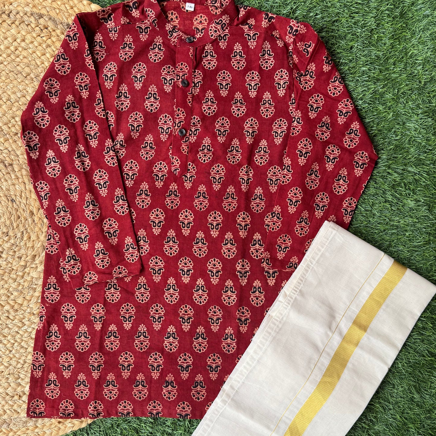 Ajrak Print Kurta And Doti Set -Maroon