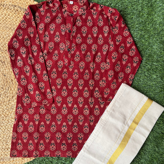 Ajrak Print Kurta And Doti Set -Maroon
