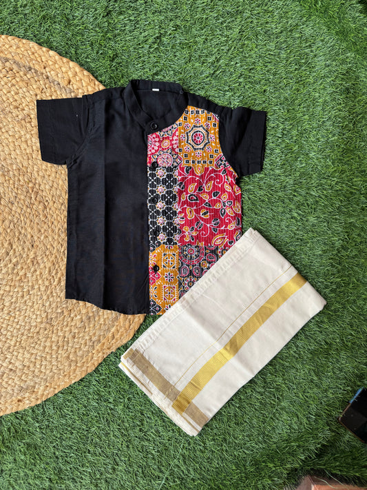 Black Printed Shirt and Dhoti