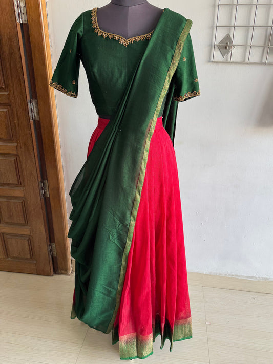 Bottle Green And Maroon Jute Lehanga Set