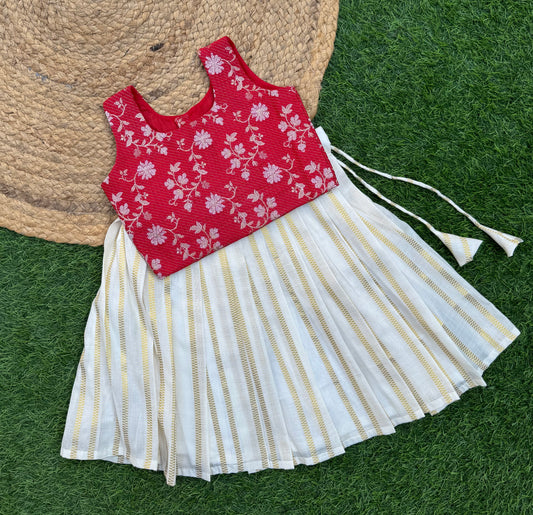 Bright - Red Brocade Top And Skirt Set