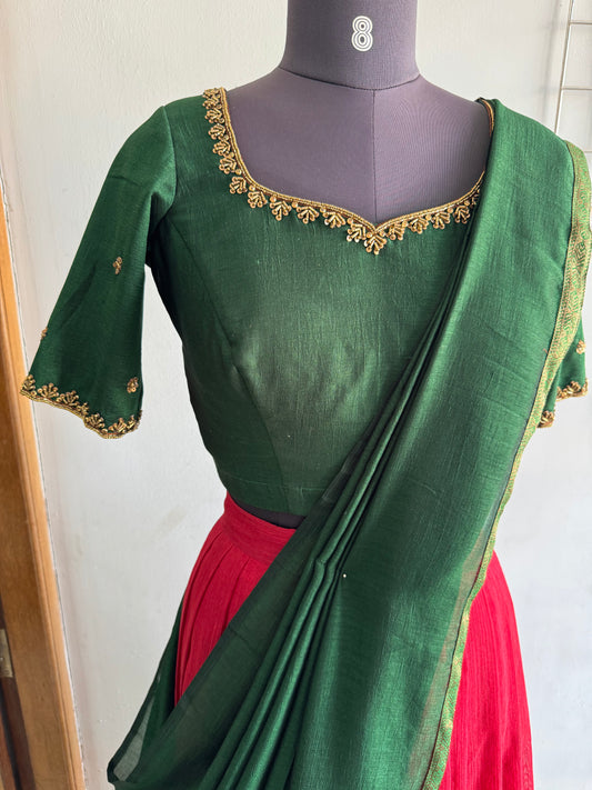 Bottle Green And Maroon Jute Lehanga Set