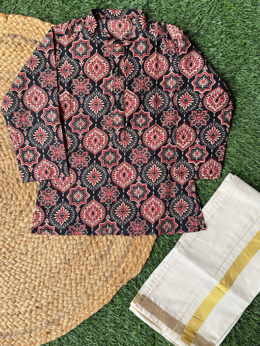 Ajrak Print Kurta And Doti Set -Black