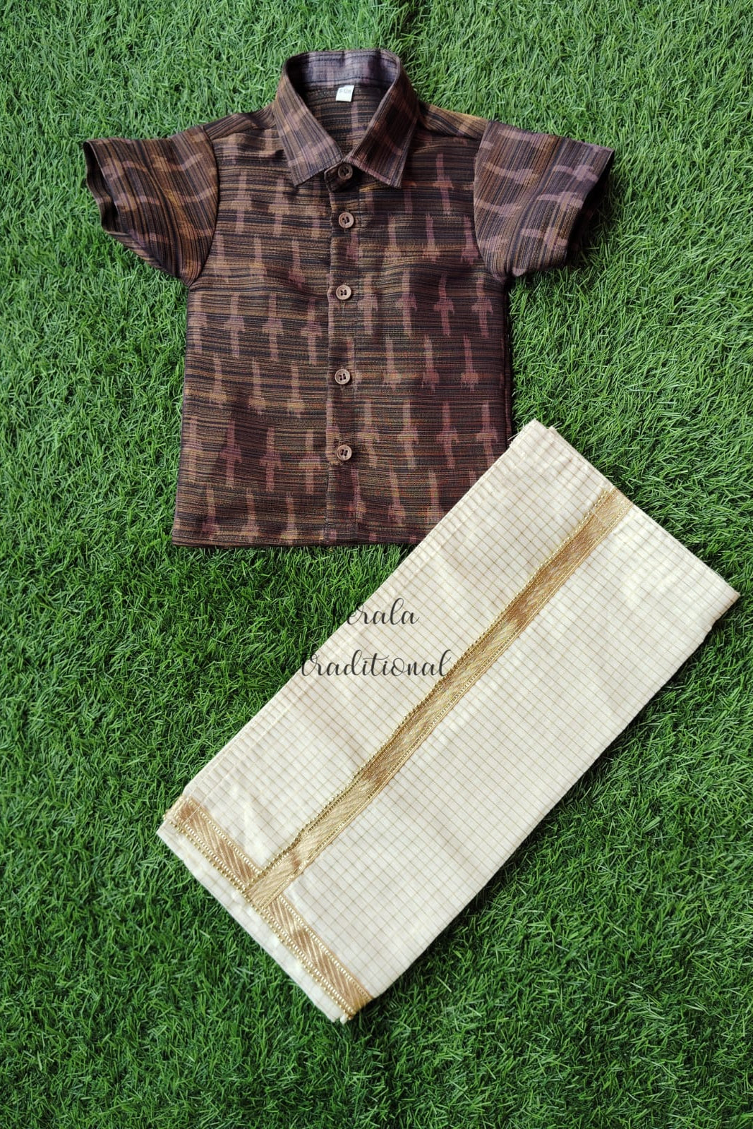 Tissue Shirt and Micro check Velcro Dhoti - KBBSB001