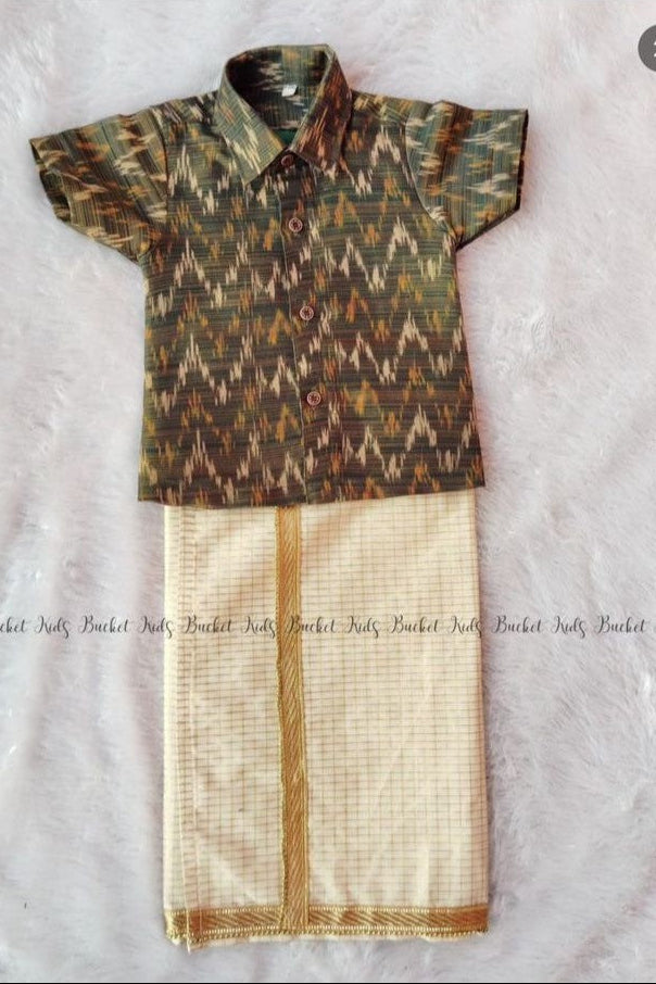 Tissue Shirt and Micro check Velcro Dhoti - KBBSB001