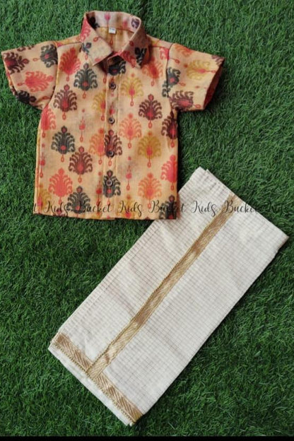 Tissue Shirt and Micro check Velcro Dhoti - KBBSB001