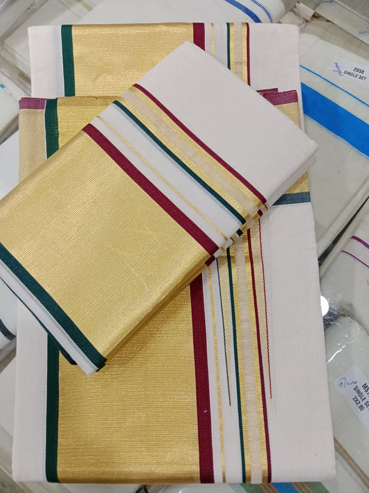 Reyansh Designs - Handloom Double Setmundu - Maroon & Green