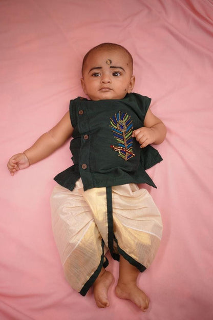 Peacock Feather Kurta and Tissue  Dhothi Pants - KBBHK001