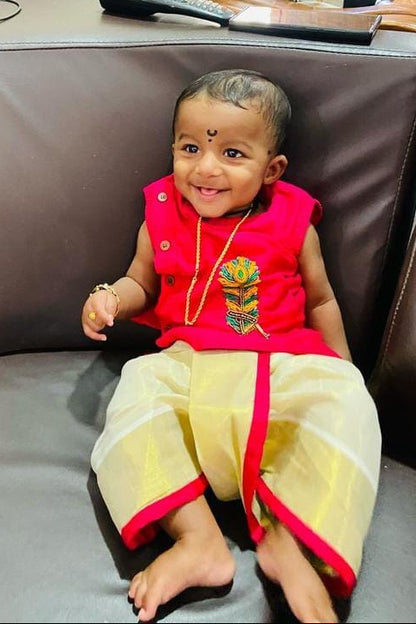 Peacock Feather Kurta and Tissue  Dhothi Pants - KBBHK001