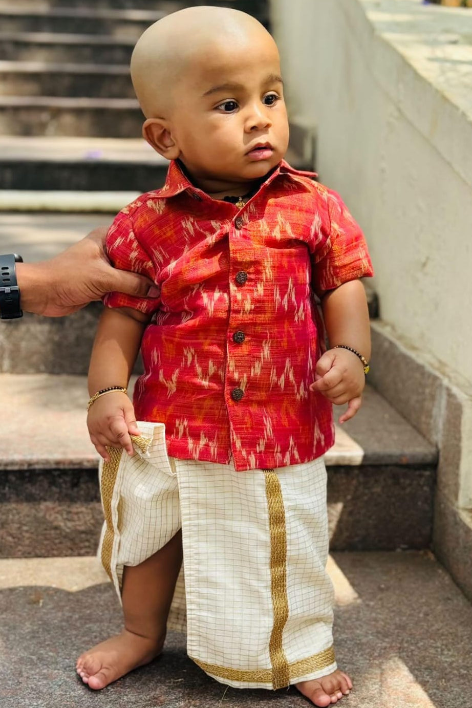 Tissue Shirt and Micro check Velcro Dhoti - KBBSB001