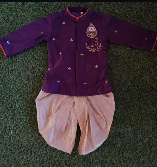 Letter Work With Vel hand work Kurta And Gold Strips Dhoti Pant - KBBHC002