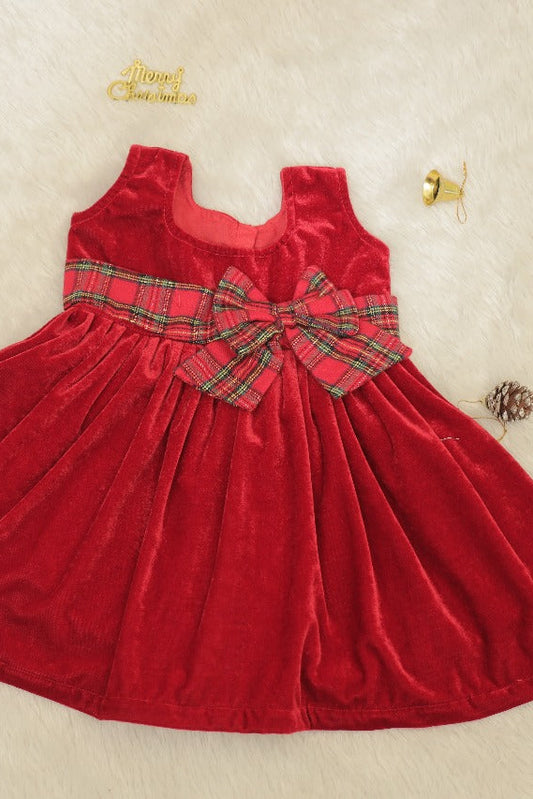 Christmas velvet Plaid Bow Dress - KBGXF007