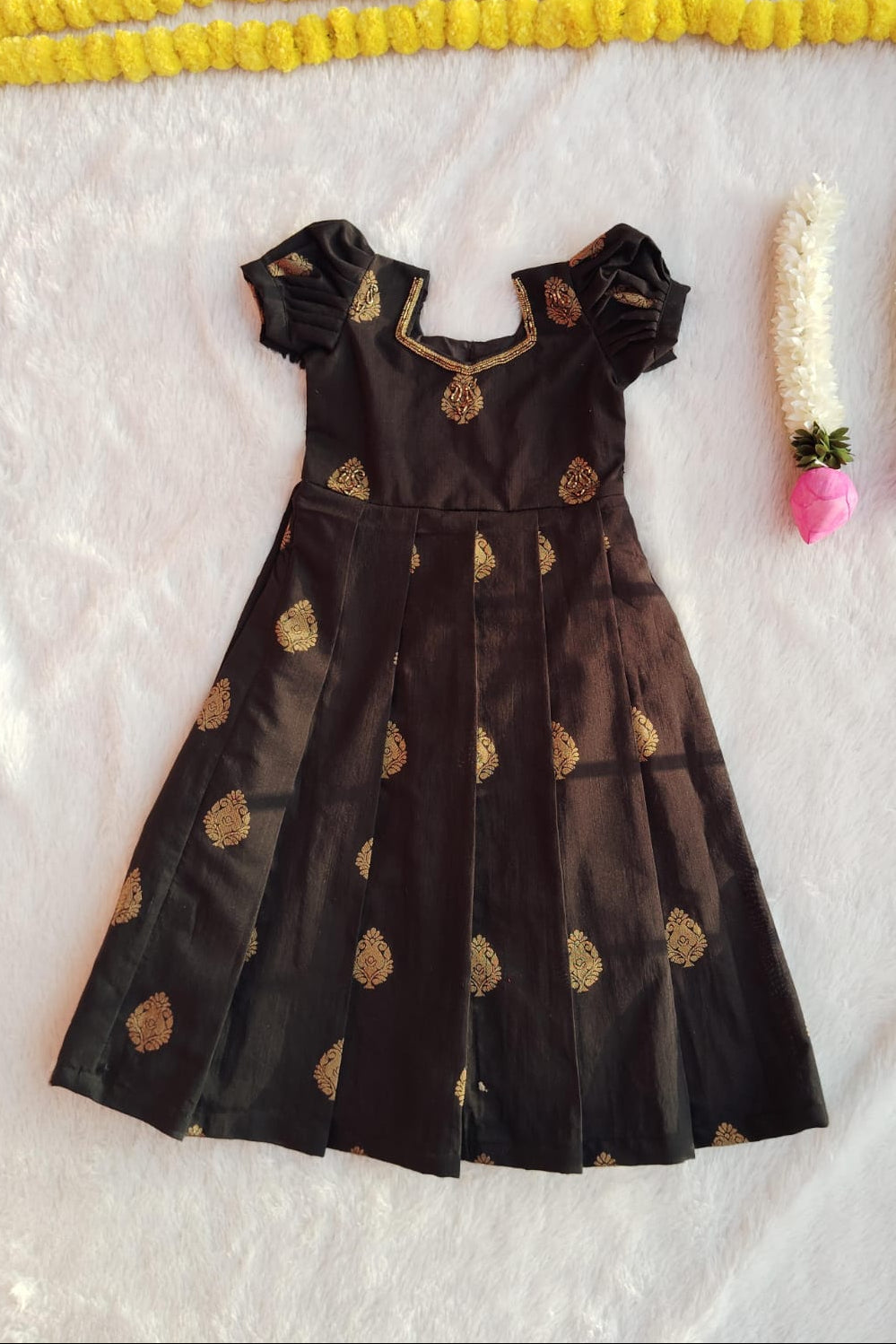 Black & Gold Motif Silk Frock - KBGF017