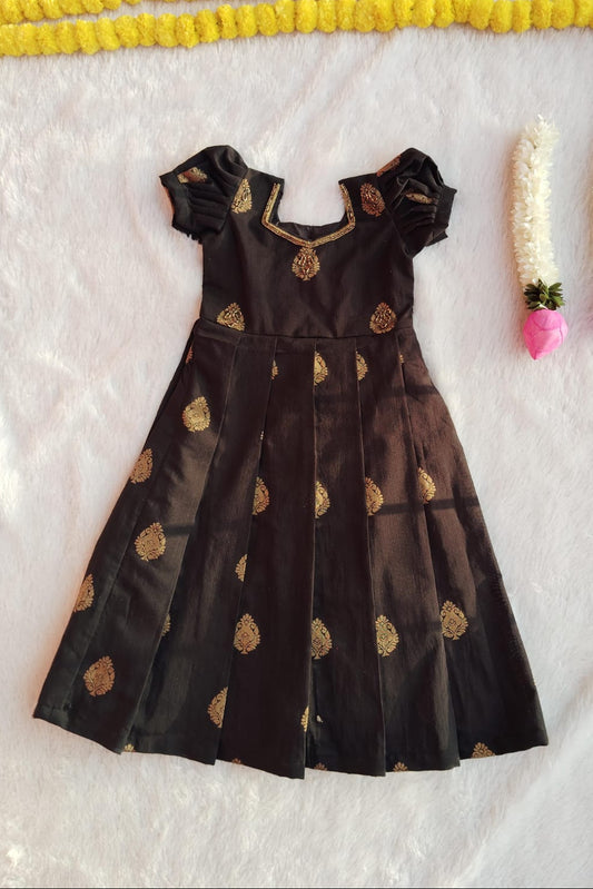 Black & Gold Motif Silk Frock - KBGF017