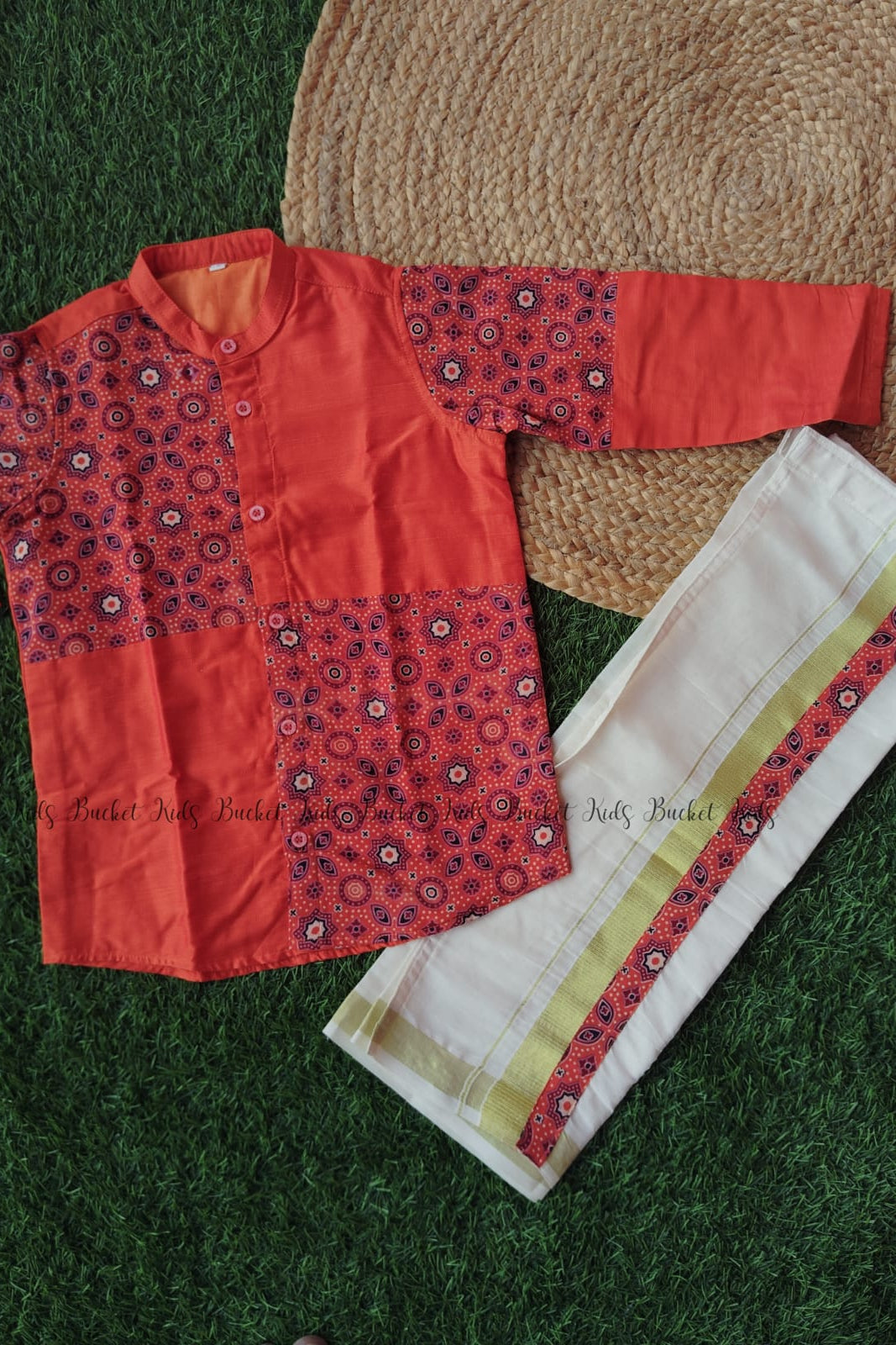 Cotton Slub with Ajrak Print Shirt and Dhoti - KBSATC007