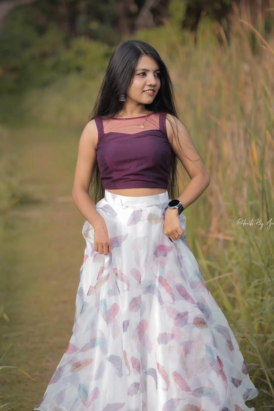 Dark Wine Organza Skirt & Crop Top Set - KBGWP019