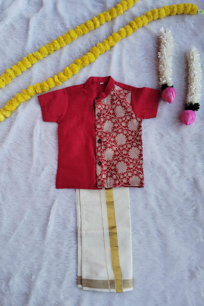 Ruby Red Brocade Mix Shirt & Vesti Set - KBBS002