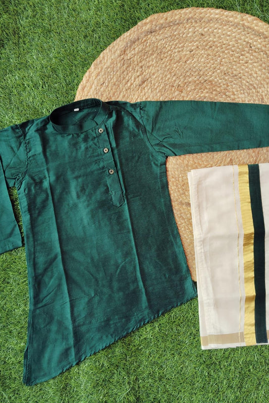 Straight-cut Kurta Bottle Green Kurta and Velcro Dhoti - KBBSK017
