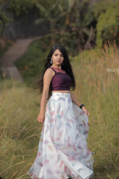 Dark Wine Organza Skirt & Crop Top Set - KBGWP019