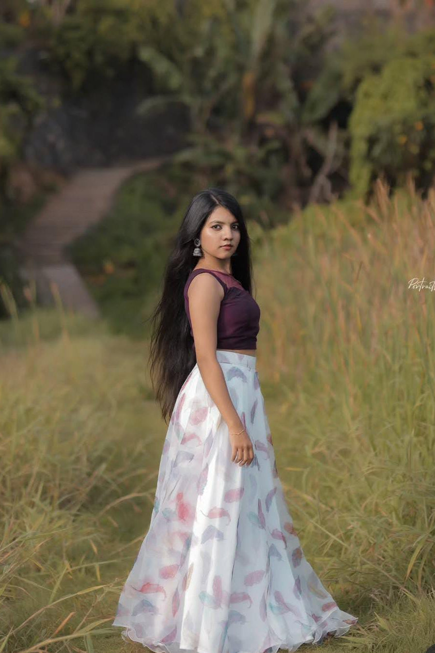 Dark Wine Organza Skirt & Crop Top Set - KBGWP019