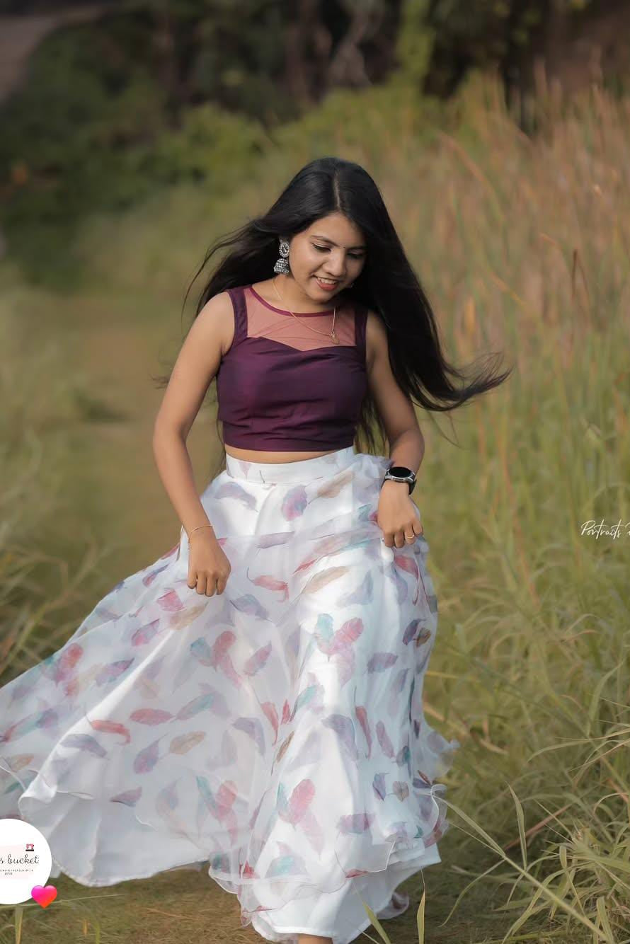 Dark Wine Organza Skirt & Crop Top Set - KBGWP019