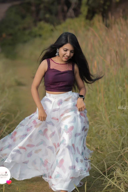 Dark Wine Organza Skirt & Crop Top Set - KBGWP019