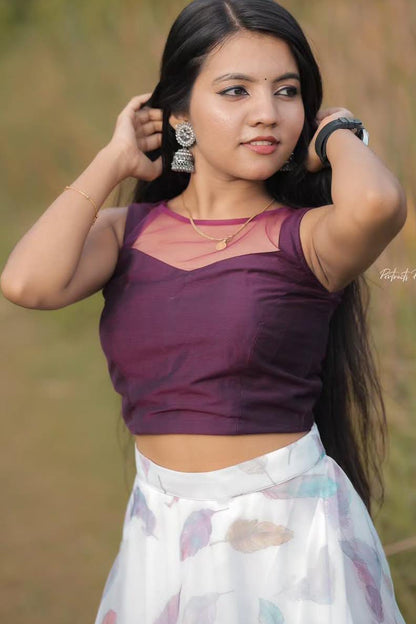 Dark Wine Organza Skirt & Crop Top Set - KBGWP019