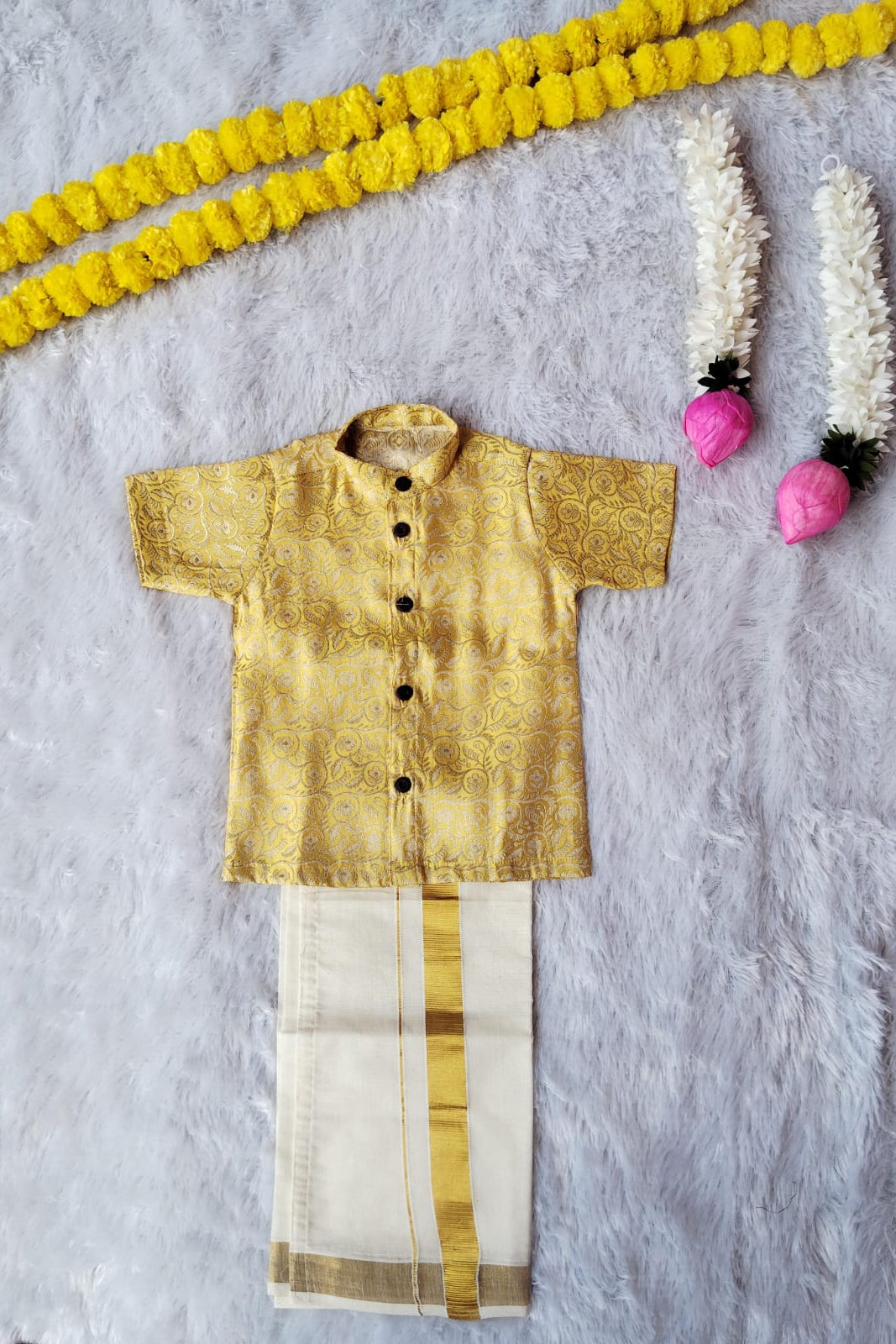 Golden Brocade Creamy Shirt & Veshti Set - KBBS003