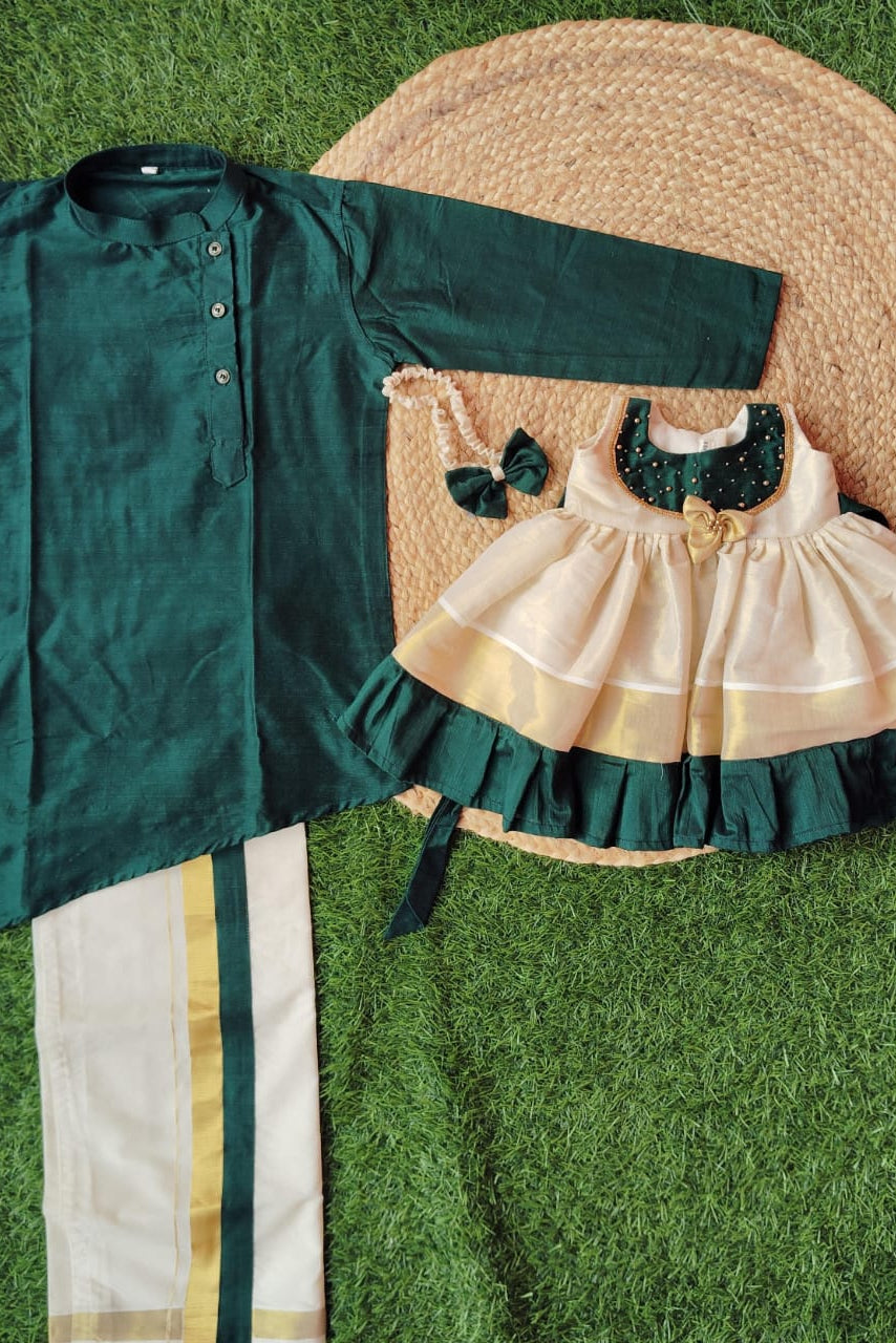 Straight-cut Kurta Bottle Green Kurta and Velcro Dhoti - KBBSK017