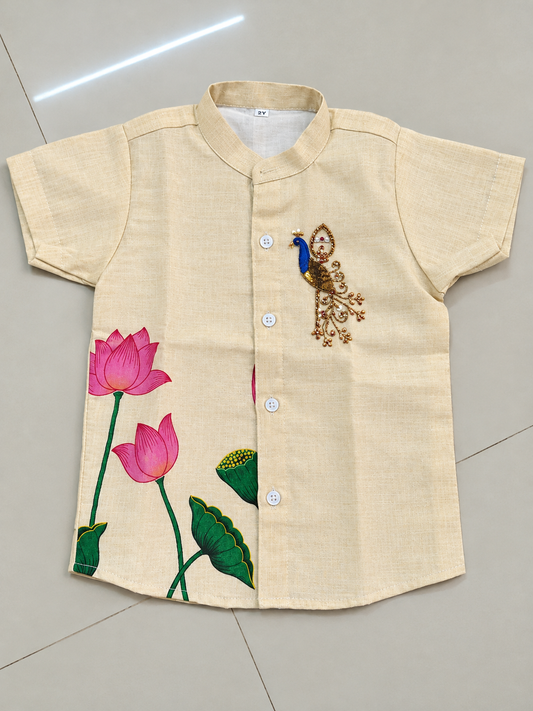 Velum Mayilum  shirt Handwork Kerala Golden Tissue Shirt Only -KBSHW-10024