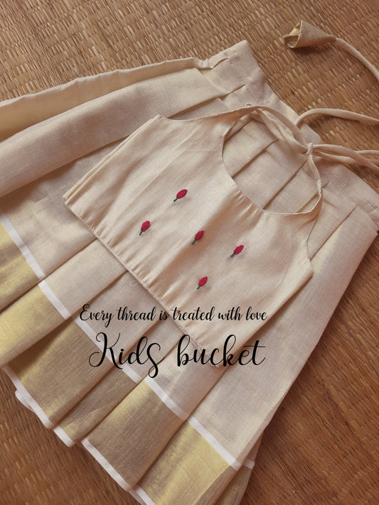 Tulip Embroidery Golden Tissue Pattupavada