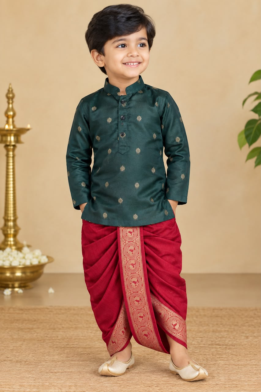 Green Silk Kurtha and Cotton dhoti pants -RD
